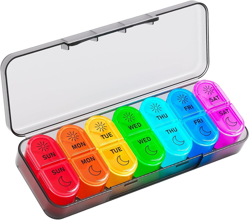 Betife AM PM Pill Organizer 7 Day, Weekly Pill Organizer 2 fois par jour, Daily Pill Box AM PM, Portable Travel Medicine Case, Day and Night Pill Container for Medicating, Vitamine or Supplement(Black)