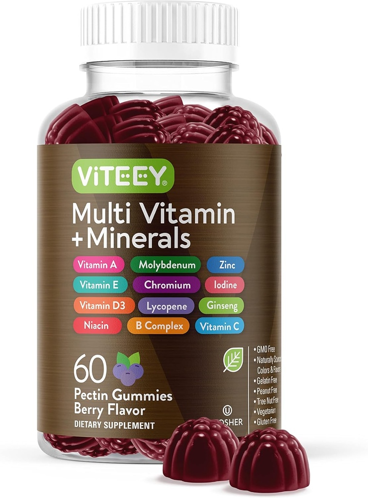 Gommies multivitamines Vitamines pour adultes et adolescents - Gommies de soutien immunitaire - 12 Vitamines et minéraux quotidiens avec vitamine C, D3, E, A, Zinc et plus - Végétarien, sans gluten - Gummy aromatisé aux baies à croquer