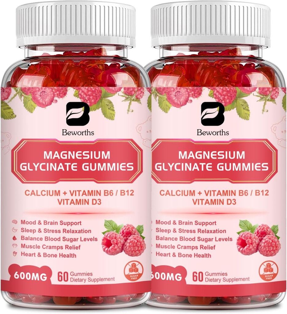 (2 Pack) 600 Mg Magnésium Glycinat Gommies, Magnésium supplément complexe Magnésium Malate, Magnésium Citrate & Potassium, supporte la nuit et joint, Energy Boost, Vegan & 0-Sugar, Raspberry 120 Compte