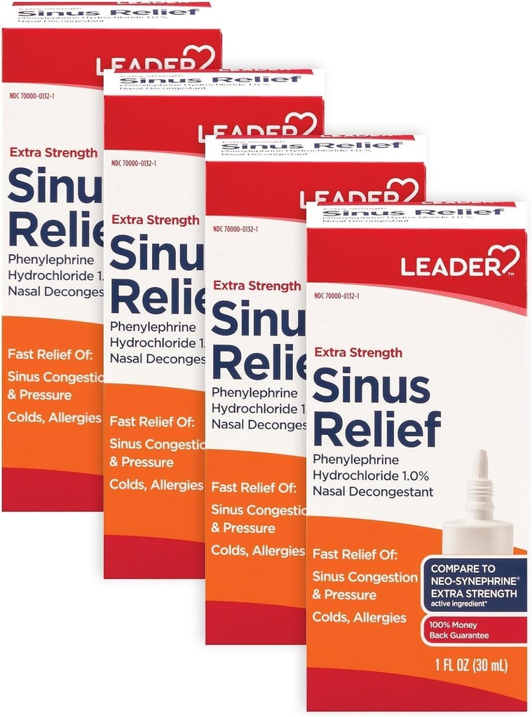 Leader Extra Strength Sinus Relief, Fast Acting, Sinus Decongestant, Nasal Congestion Relief Spray, Cold & Allergy 30 mL Bottle (Pack of 4)