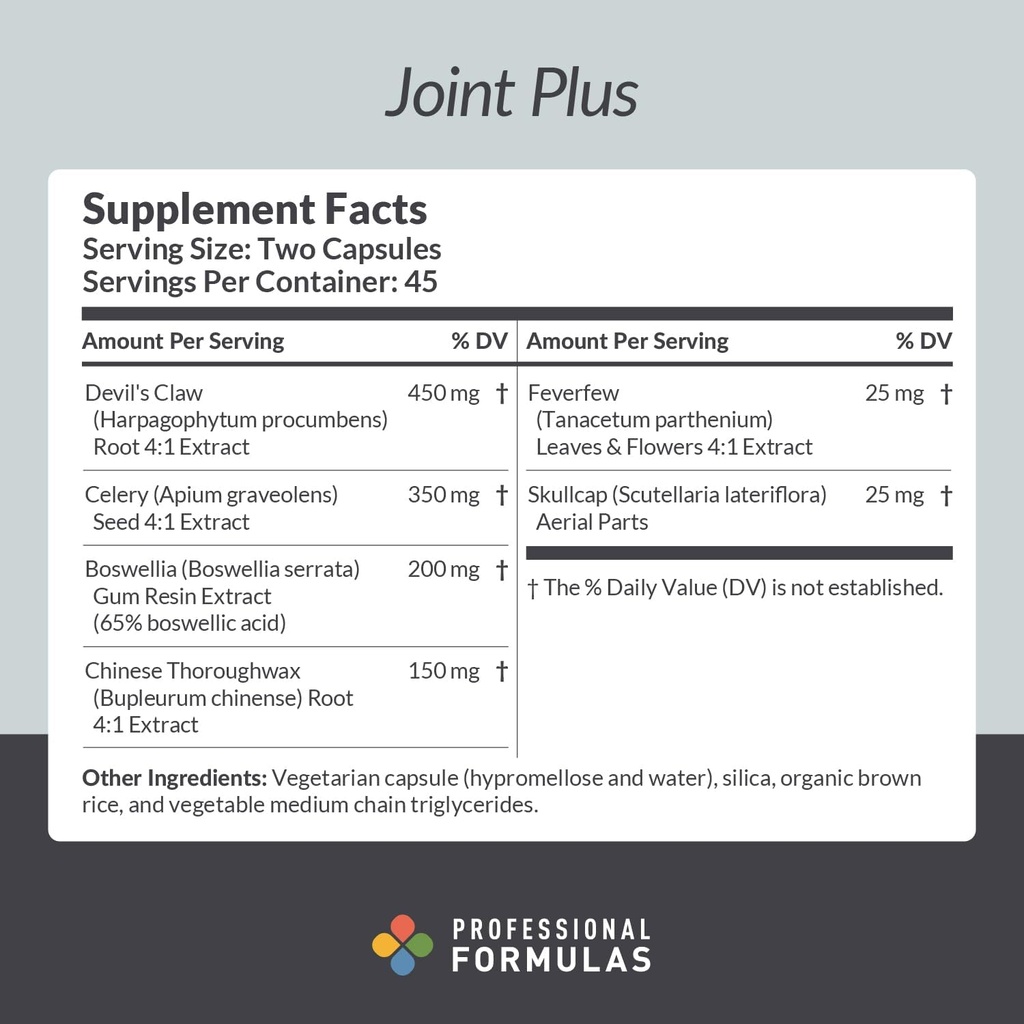 Formules professionnelles Joint Plus – Soutien pour la fonction articulaire saine, les muscles et la mobilité avec la griffe du diable, Boswellia, Feverfew & Skullcap - Végétarien, sans gluten, hypoallergénique, 90 capsules