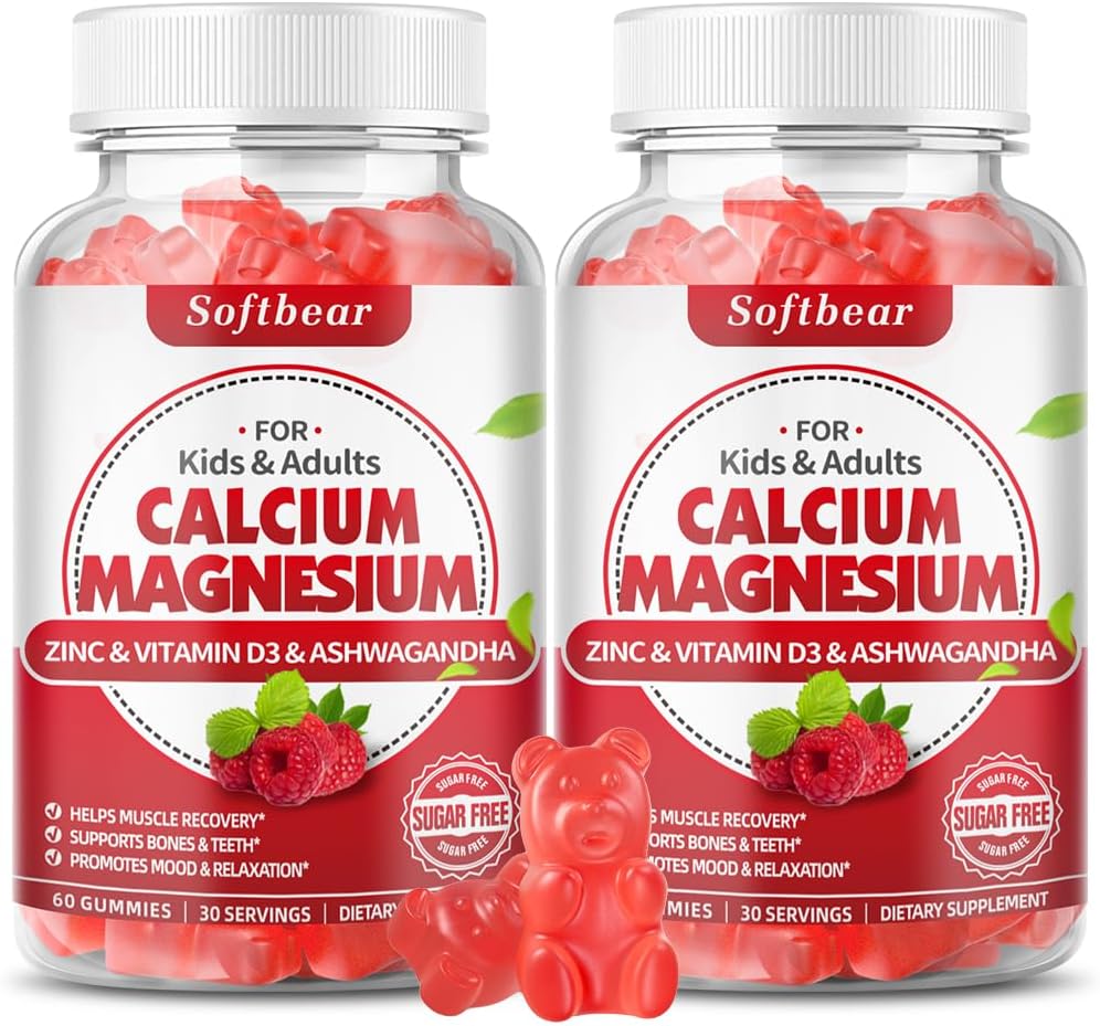 softbear Calcium Magnésium Zinc Gommies pour Adultes et Enfants, Sans Suagr Calcium Magnésium Zinc D3 Supplément pour la force osseuse et la santé immunitaire, Raspberry Flavor 120 Comte