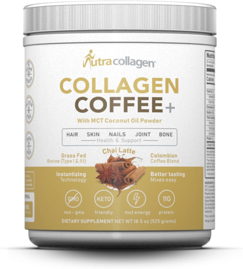 NUTRACOLLAGEN poudre protéique combinée avec du café Columbian Premium; gazon, non OGM, 12g de peptides, MCT poudre d'huile de coco, sans soja, sans gluten, sans sucre, 40mg de caff/srving; Chai Latte 25 Srvg