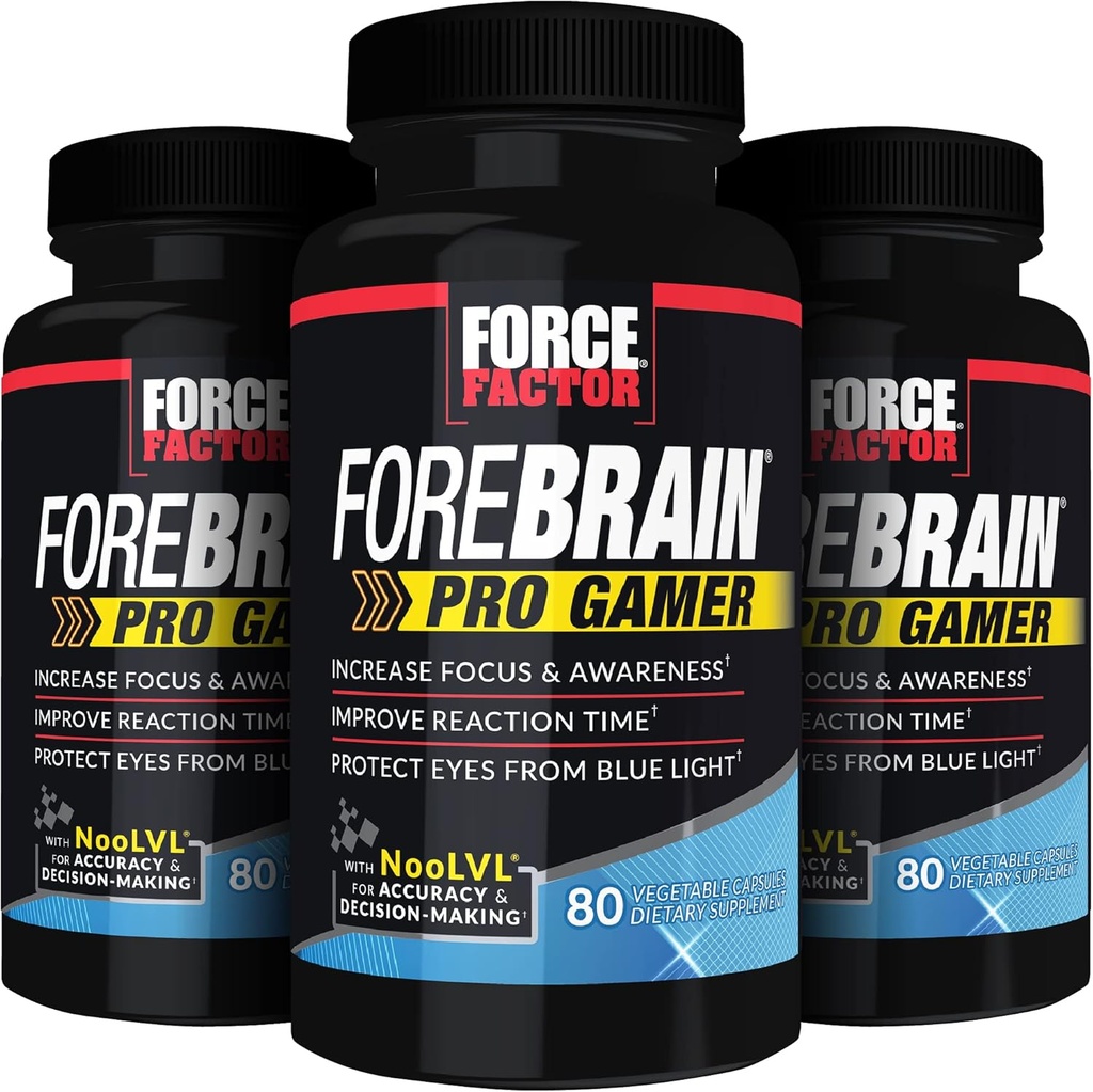 FORCE FACTOR Forebrain Pro Gamer Cerveau Booster, Gamer Suppose d'augmenter Focus & Sensibilisation, Bleu Lumière, Supplément de Gaming, Nootropic, 240 Capsules, 3-Pack, Noir