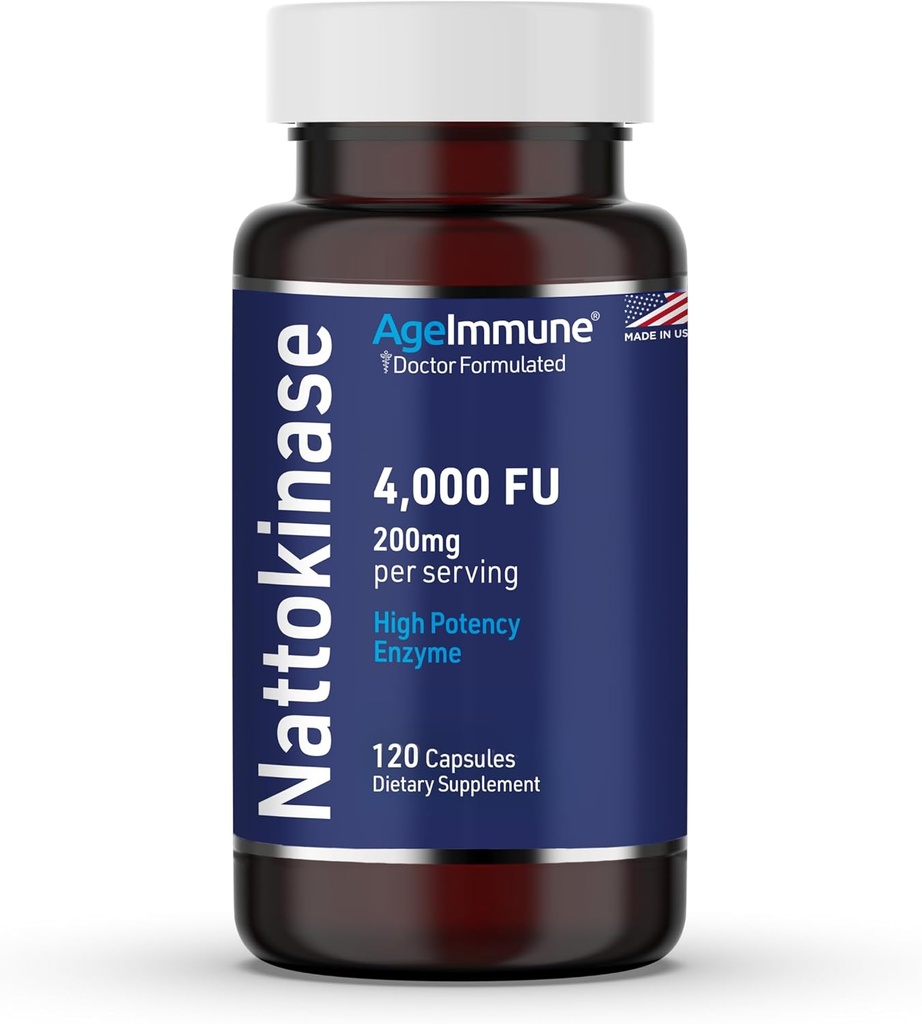 AgeImmune Nattokinase Supplément 4000 FU 200mg - Enzyme - Support cardiovasculaire 120 Capsules -Dérivé de Natto japonais - Fabriqué aux États-Unis sans stéarate de magnésium.