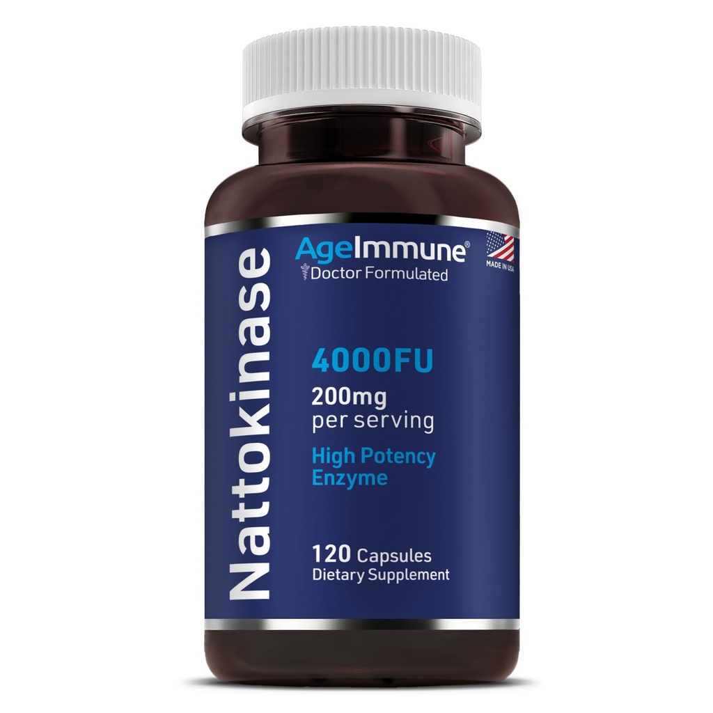AgeImmune Nattokinase Supplément 4000 FU 200mg - Enzyme - Support cardiovasculaire 120 Capsules -Dérivé de Natto japonais - Fabriqué aux États-Unis sans stéarate de magnésium.