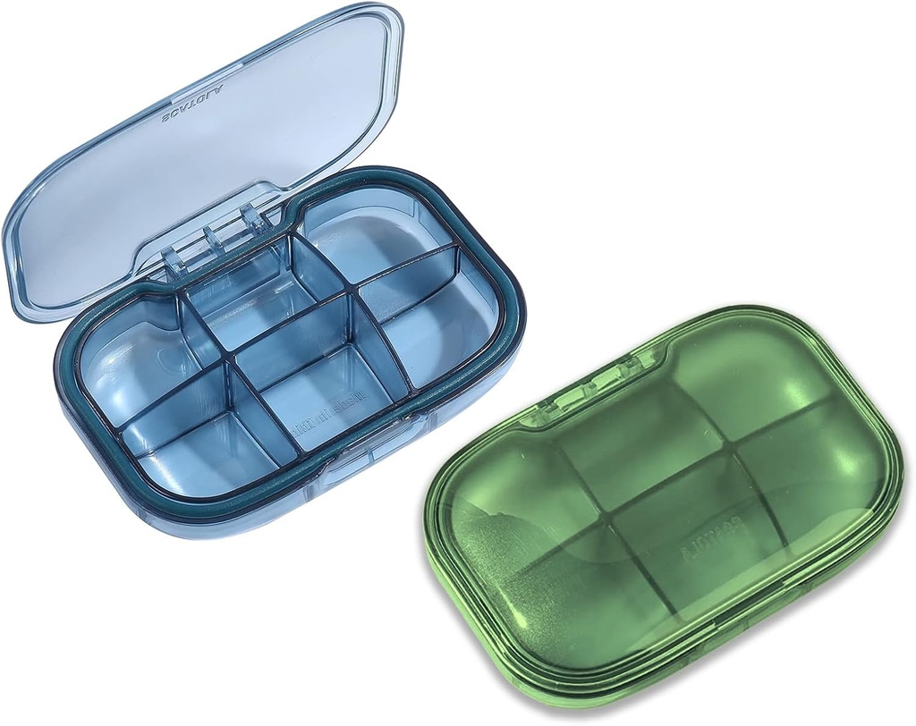 2 Pack 6 Compartiment Pill Organizer, dossier de preuve de l'humidité pour les voyages, contenant quotidien de vitamine de médecine portable, huile de poisson et stockage de suppléments (bleu et vert)