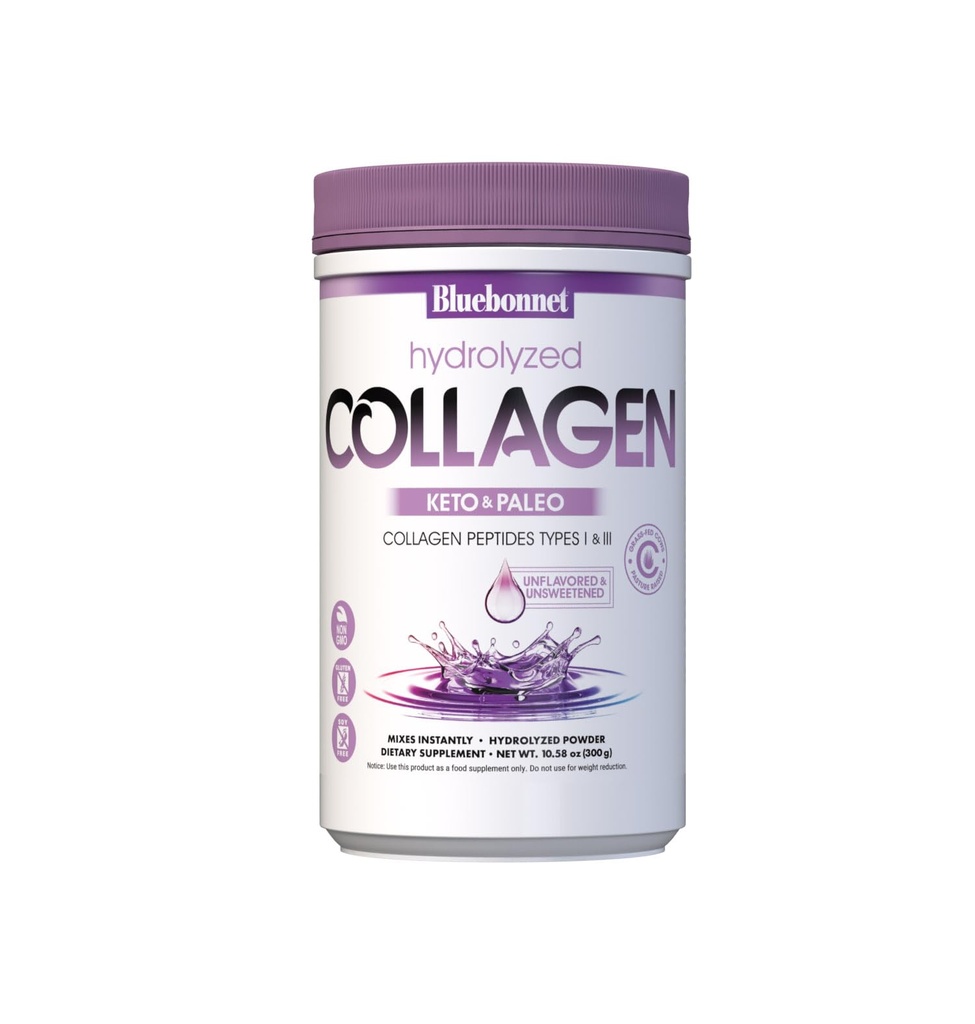 BlueBonnet Nutrition Poudre de collagène hydrolysée, soutient les cheveux, la peau et les ongles*, sans soja, sans gluten, sans OGM, vaches nourries à l'herbe, pâturage élevé, 10,58 oz, 25 portions, non aromatisées, non sucrées
