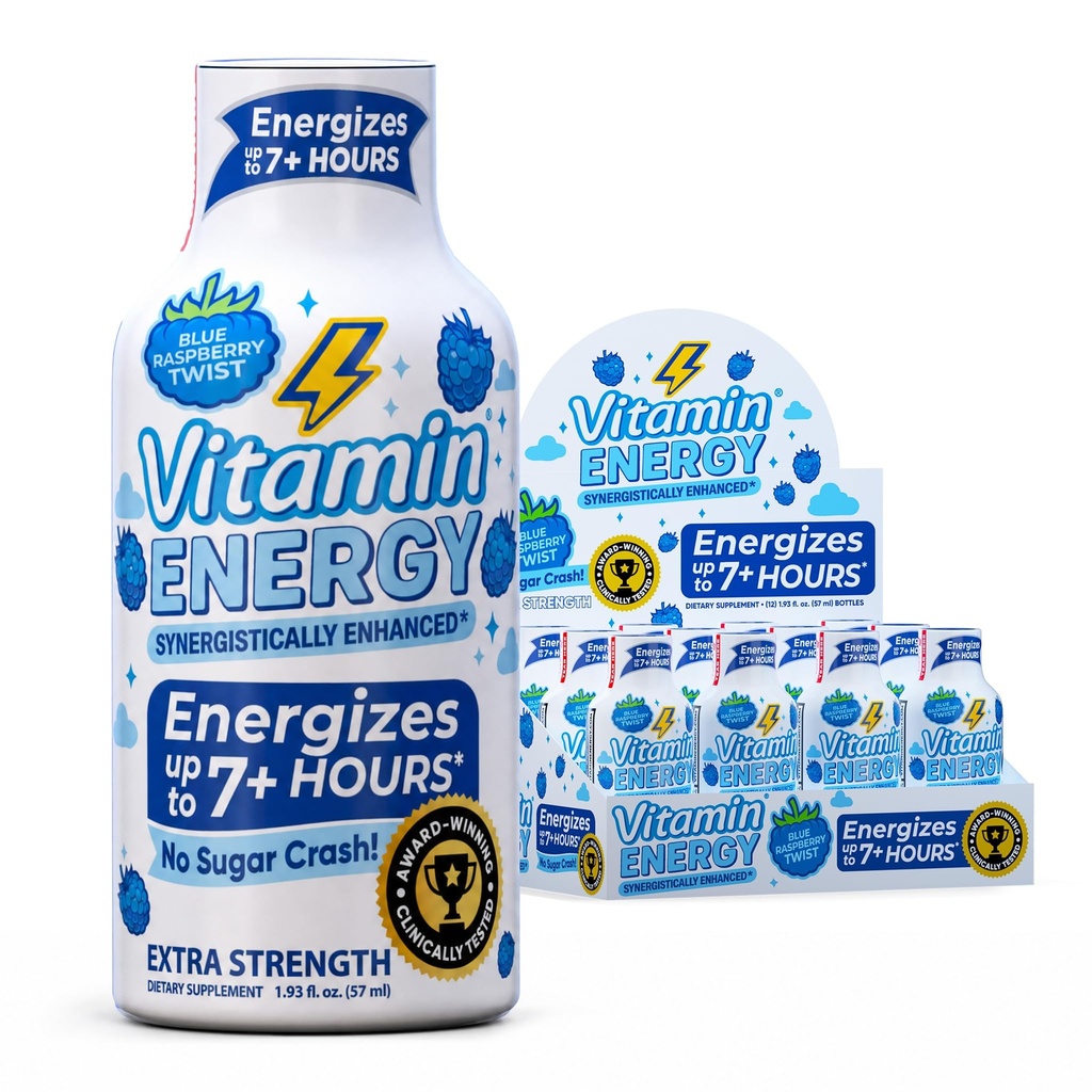 Vitamine Energy Immune+ Extra Strength Energy Shot Blue Raspberry 12 Pack, 260mg Caféine naturelle, B-Vitamines, Citicoline, Thé vert, Immunity & Focus Support, Zéro sucre, Sans gluten 1,93 fl oz