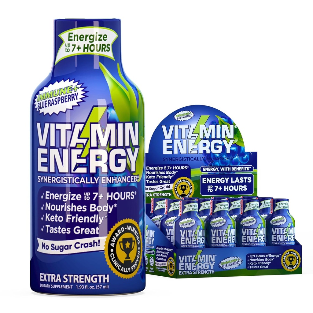 Vitamine Energy Immune+ Extra Strength Energy Shot Blue Raspberry 12 Pack, 260mg Caféine naturelle, B-Vitamines, Citicoline, Thé vert, Immunity & Focus Support, Zéro sucre, Sans gluten 1,93 fl oz