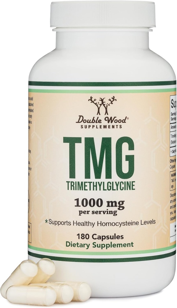 Suppléments en bois double TMG Triméthylglycine Supplément 1000mg par portion, 180 Capsules (compléments TMG pour le contrôle de l'homocystéine) TMG véritable avec une odeur de poisson, sans gluten, non-OGM
