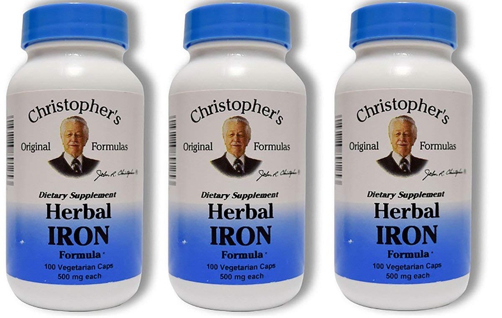 Formules originales de Christopher Formule de fer à base de plantes, soutien en fer naturel, 450 mg, 100 capsules végétariennes
