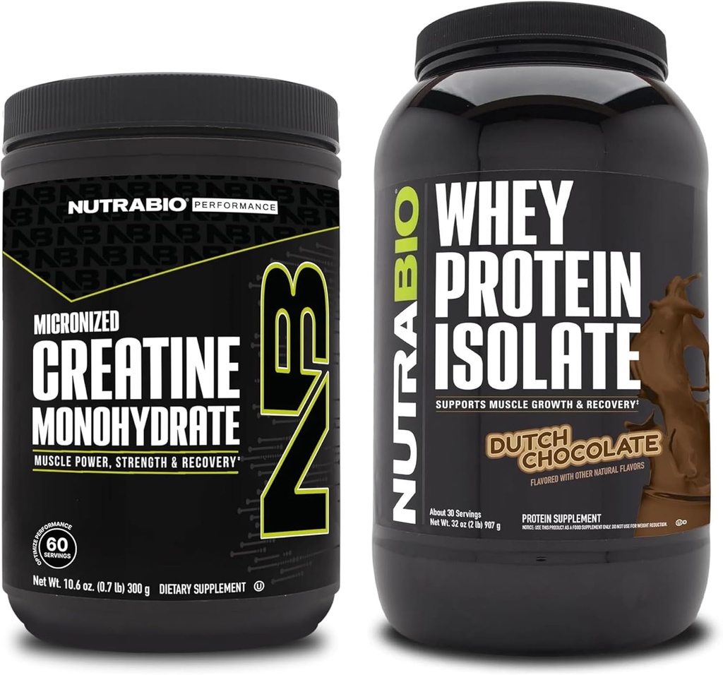 NutraBio Créatine monohydratée, non aromatisée, 300g et Isolate de protéines de lactosérum, Chocolat hollandais, supplément - Énergie musculaire, croissance musculaire maigre, récupération et force