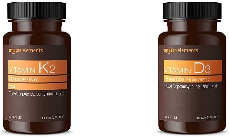 Éléments Vitamine K2 (100 μg, 65 capsules) et vitamine D3 (5000 UI, 180 softgels)
