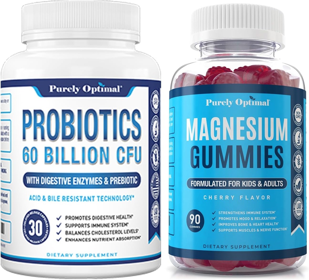 Probiotiques premium purement optimaux 60 milliards d'UFC avec prébiotiques biologiques et enzymes digestives + Gommies de magnésium premium Enfants et adultes