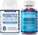 Probiotiques premium purement optimaux 60 milliards d'UFC avec prébiotiques biologiques et enzymes digestives + Gommies de magnésium premium Enfants et adultes