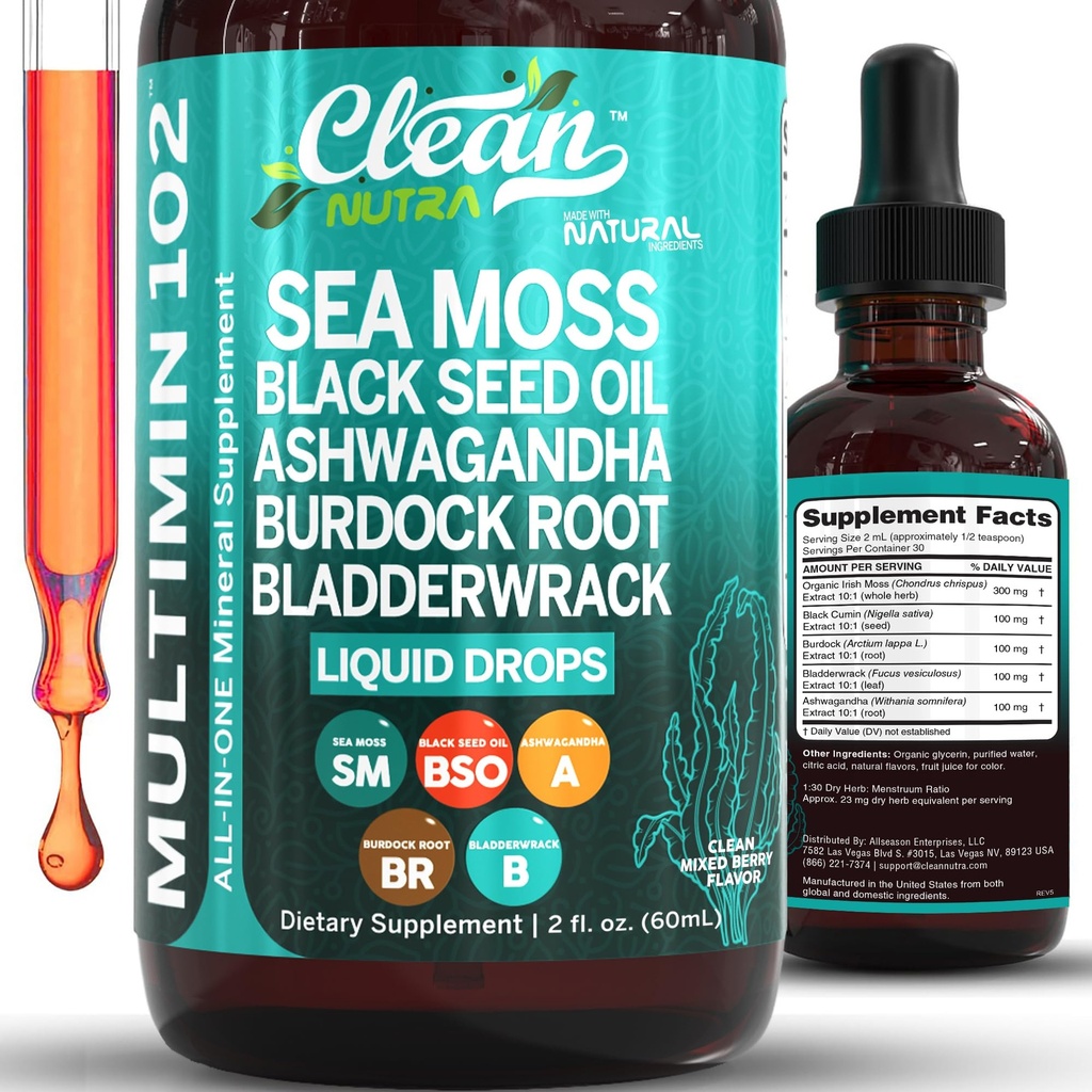 Nettoyant Nutra Organic Sea Moss Drops Supplement - Multiminéral Liquid Vegan for Gut Heath Energy Skin Immune Support & Cheveux