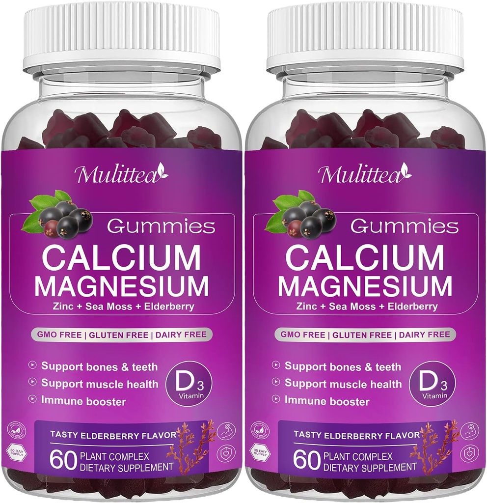 Calcium Magnésium Zinc Gommies avec haute absorption Magnésium Glycinate 200mg, Potassium - Supplément de Calcium Plant avec D3 et la mousse de mer pour les os, les muscles, l'humeur calme et le sommeil- Enfants et adultes (2 Pack)