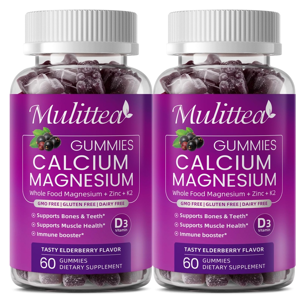 Calcium Magnésium Zinc Gommies avec haute absorption Magnésium Glycinate 200mg, Potassium - Supplément de Calcium Plant avec D3 et la mousse de mer pour les os, les muscles, l'humeur calme et le sommeil- Enfants et adultes (2 Pack)