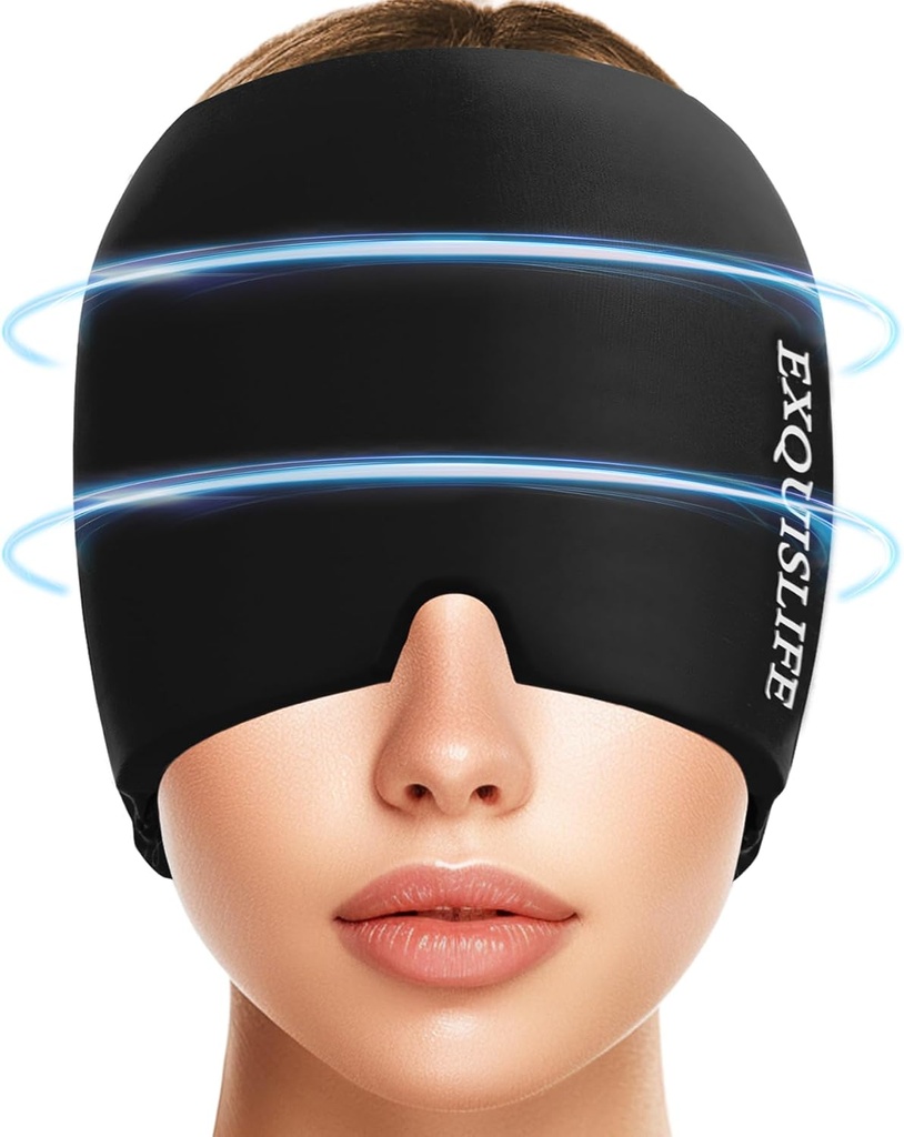 EXQUISLIFE Enroulement de la tête de glace de la migraine, chapeau de soulagement des maux de tête pour la migraine, traitement chaud et froid, masque des yeux de maux de tête pour le sinus, les yeux puants, la tension et le stress (noir)