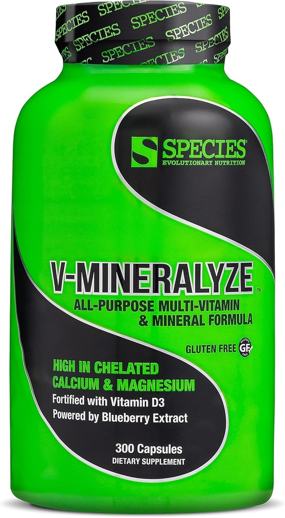 Espèce Nutrition V-Mineralyse Multivitamines, Vitamine C et D3, Minéraux chélatés, Extrait de bleuets aux propriétés anti-oxydantes, 300 Capsules