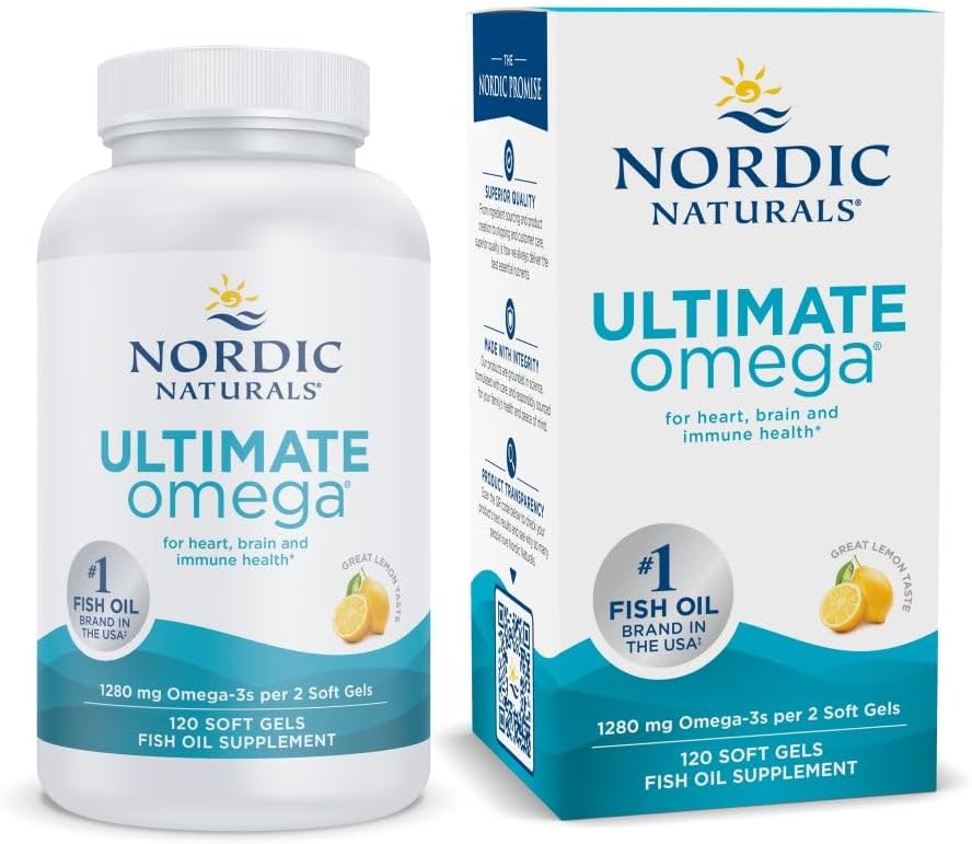 Nordic Naturals Ultimate Omega, Lemon Flavor - 120 gels mous - 1280 mg Omega-3 - Supplément d'huile de poisson de haute puissance avec EPA et DHA - Promotion de la santé cérébrale et cardiaque - Non-OGM - 60 portions