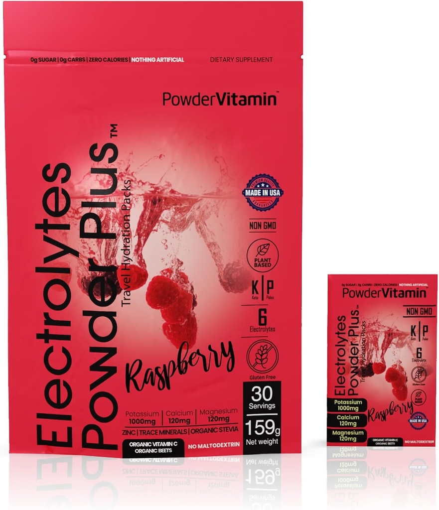 PowerVitamine Electrolytes Powder Packets - Framboise - Keto Electrolytes pour l'énergie quotidienne - Poudre d'hydratation avec 1000mg de potassium, 120mg de magnésium, Zero Calories - 30 packets d'hydratation