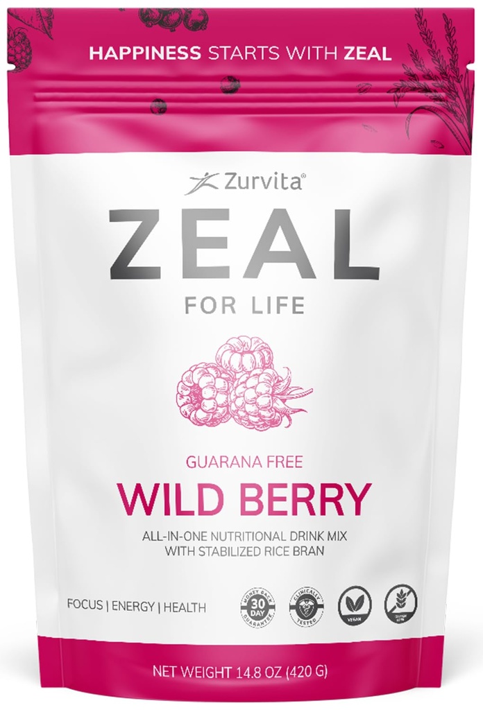 Zurvita - Zéal pour la vie Sac de bien-être de 30 jours - Berry sauvage (sans guarana) - Supplément nutritionnel pour la vitalité, l'immunité et le bien-être - 420 grammes