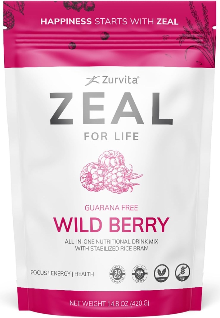 Zurvita - Zéal pour la vie Sac de bien-être de 30 jours - Berry sauvage (sans guarana) - Supplément nutritionnel pour la vitalité, l'immunité et le bien-être - 420 grammes