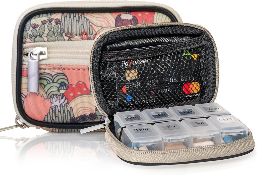 Trousse facile Case Pill - Organisateur de médecine hebdomadaire avec boîte de vitamines et suppléments amovibles de sept jours - Neoprène Premium pour l'accessoire de quête de voyage (Desert Khaki)