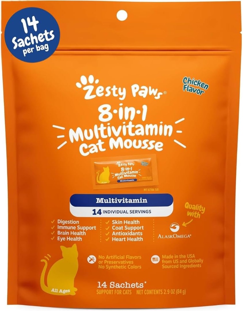 Zesty Paws 8-en-1 Multivitamines de chat et suppléments Mousse - Vitamines de chat pour les chats d'intérieur - Healthy Treat Squeeze Up for Gut, Immune, Heart, Skin & Coat Support - Chicken 14ct