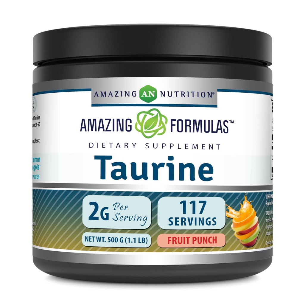 Formules étonnantes Taurine 500 Grams (1,1 Lb) Supplément en poudre $ 2000 mg par portion $ 111 portions $ Non-OGM $ Sans gluten $ Fabriqué aux États-Unis (Fruit Punch)