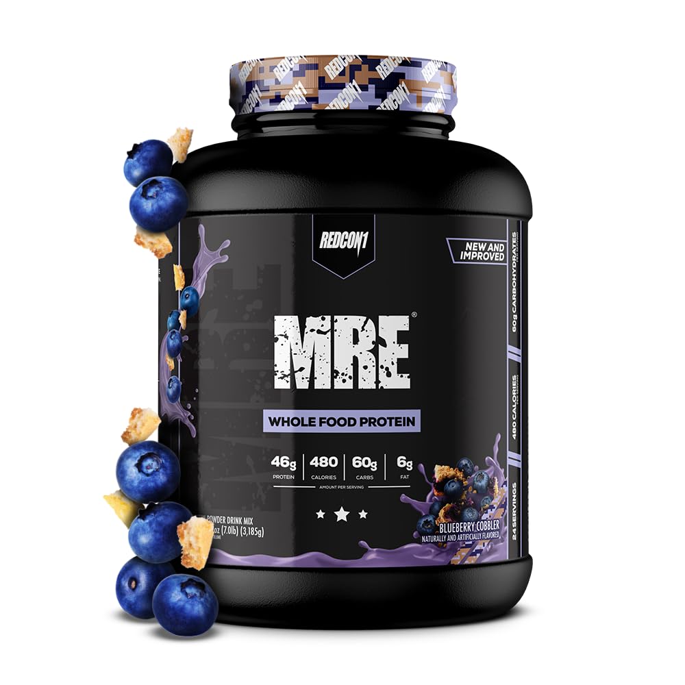 REDCON1 MRE Poudre de protéines, bleuets Cobbler - Mélange de protéines de remplacement de repas fabriqué avec de l'huile MCT et des aliments entiers - Protéines avec des ingrédients naturels pour aider à la récupération musculaire (25 portions)