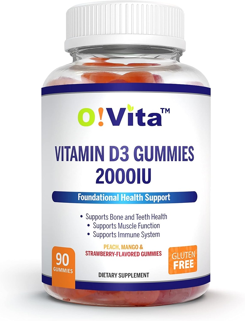 Vitamine D3 Gummies 2000IU, 90 Gummies non OGM, végétaliens et trois Gummies délicieusement parfumées, approvisionnement de 45 jours