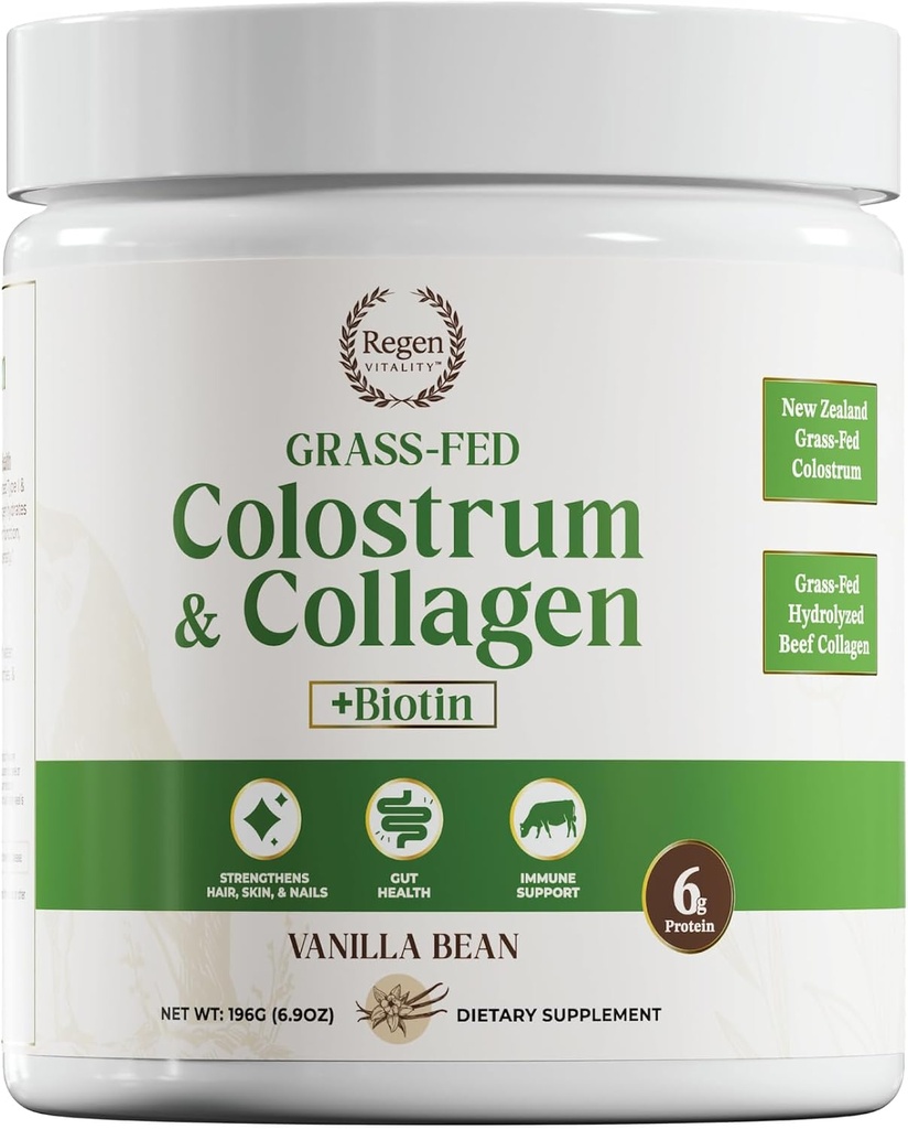 Colostrum et poudre de collagène alimentés à l'herbe , santé des cheveux, de la peau et soutien articulaire Nouvelle-Zélande Bovin Colostrum, peptides de collagène hydrolysés, biotin 300mcg , 28 portions