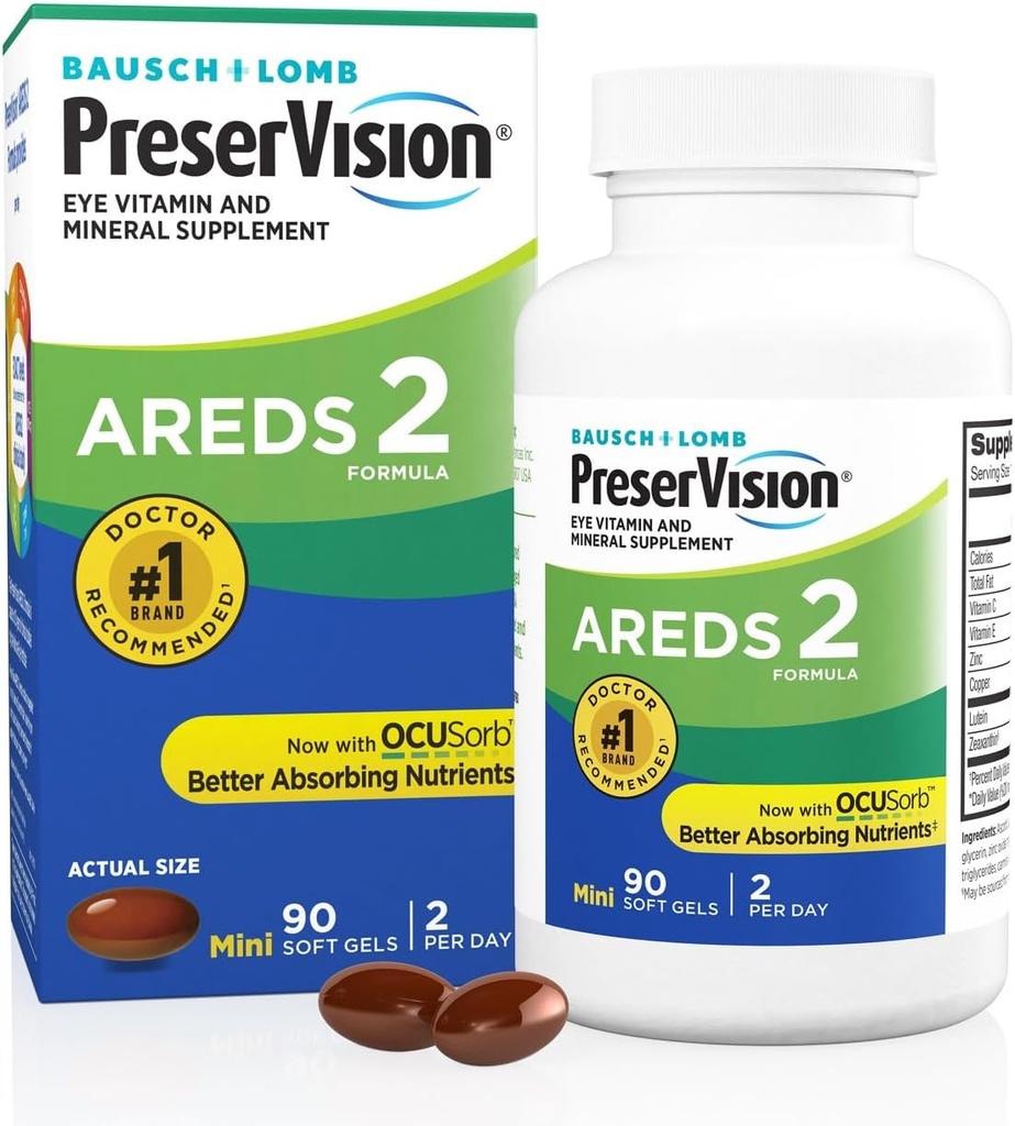 PreserVision AREDS 2 Vitamines oculaires, #1 Eye Doctor Marque recommandée, supplément de lutéine et de zéaxanthine avec vitamine C, vitamine E, zinc et cuivre, 90 softgels (minigels)