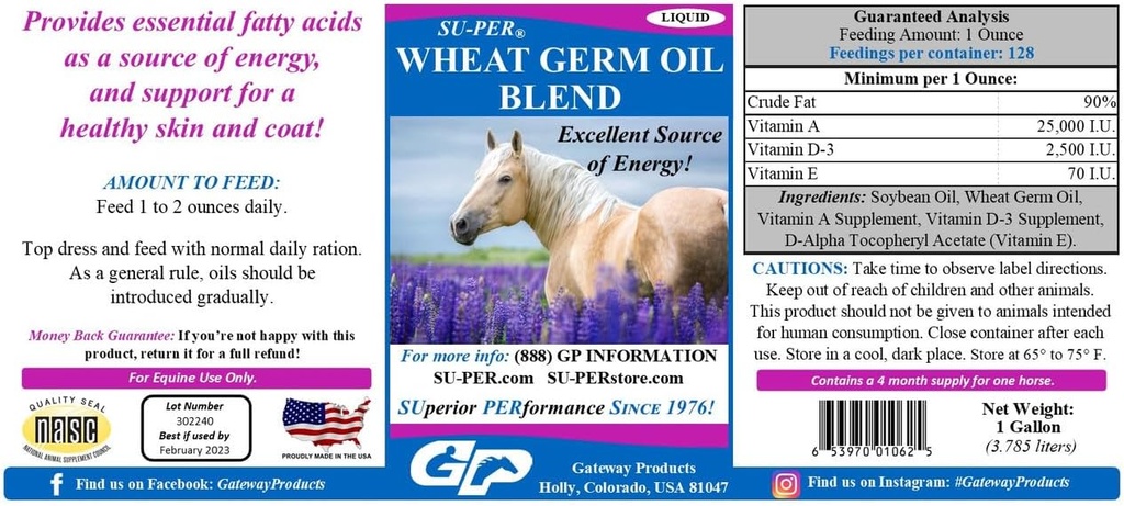 SU-PER Mélange d'huile de germe de blé pour chevaux - soutient l'énergie, l'endurance, l'endurance, la peau saine et le manteau - acides gras essentiels, vitamines et minéraux - 1 Gallon, 4 mois d'approvisionnement