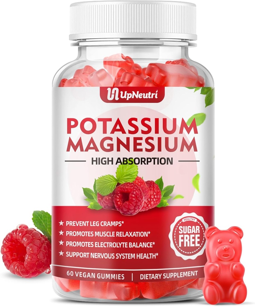 Supplément de magnésium de potassium Gommies pour les adultes Enfants, sans sucre Gommies de citrate de potassium soutient les crampes des jambes et la santé musculaire et cardiaque, Magnésium végétal Glycinat Gommies Flacon de framboise 60 Cts