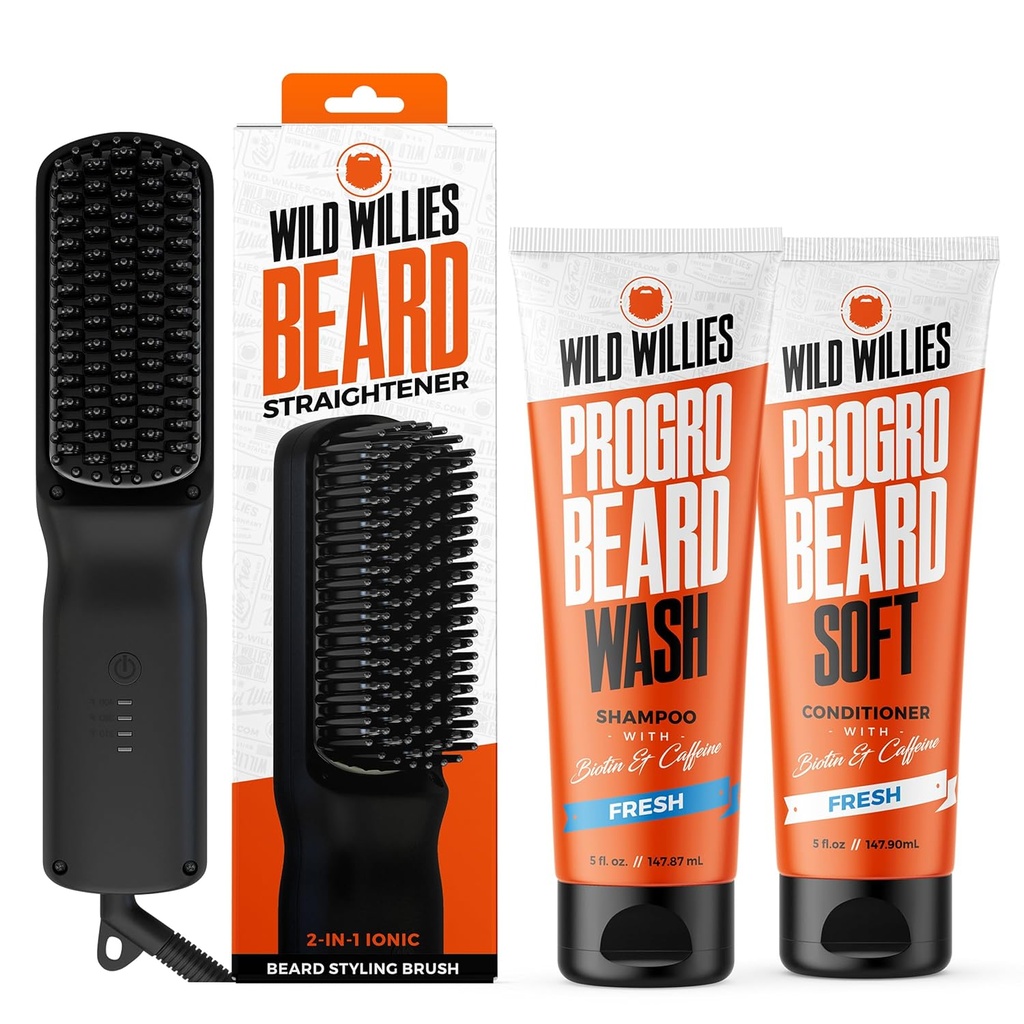Wild Willies Beard Grooming Kit - Redresseur de barbe pour les hommes, PROGRO - Fortifié avec Biotin & Caféine pour la croissance des cheveux, lavage, hydratation - Ionic 2-en-1 Brosse de peigne chauffée, Fabriqué aux États-Unis