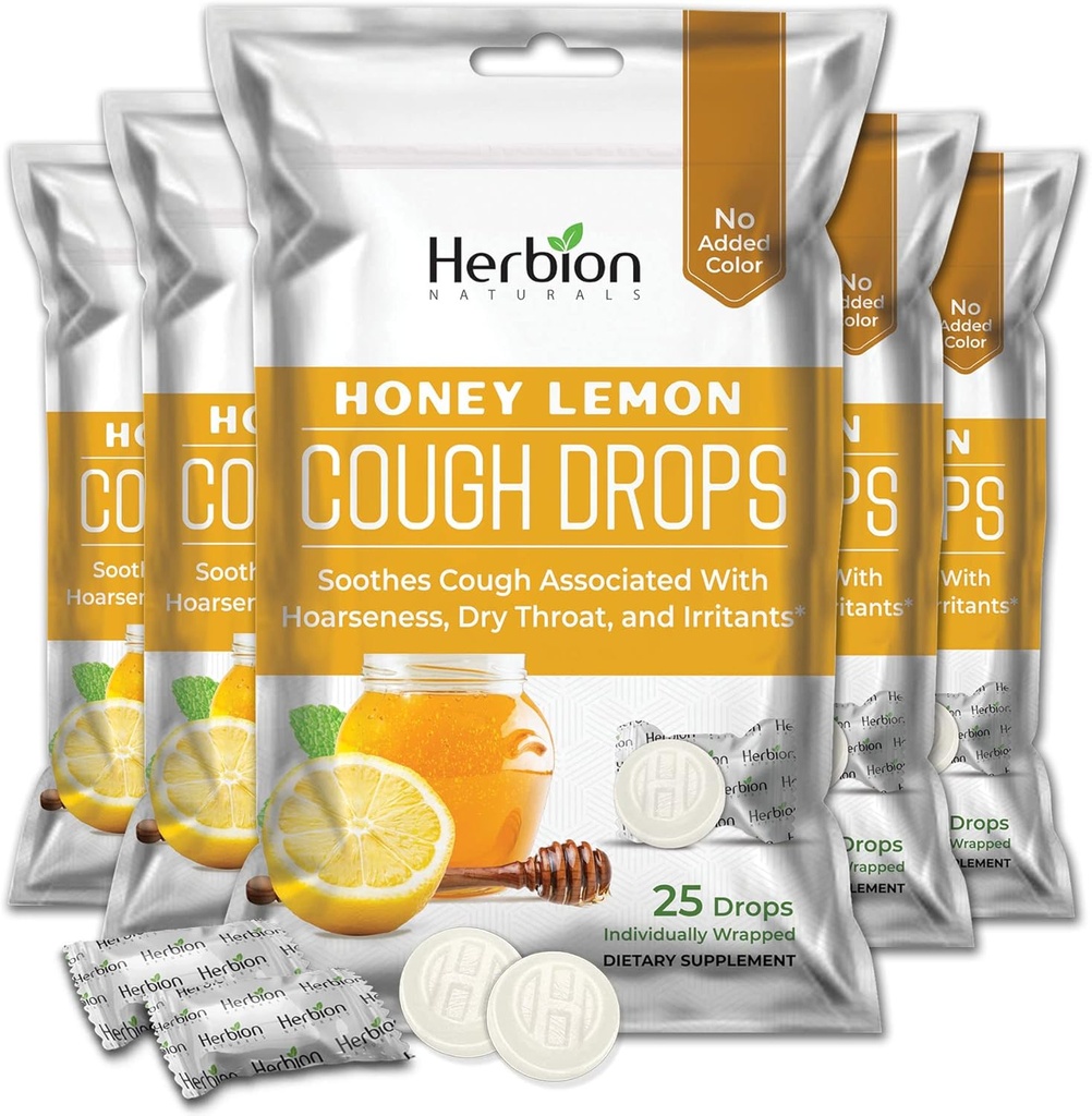 HERBION Naturals Toux gouttes au miel citron, supplément alimentaire, Toux apaisante, pour les adultes et les enfants de plus de 6 ans, 125 Lozenges, pack de 5