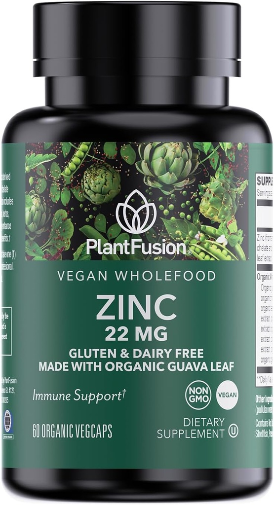 PlantFusion Vegan Zinc Suppléments 22 mg – Complexe alimentaire entier, Citrate de zinc chélaté de Guava Feuille biologique pour support immunitaire, 60 Capsules
