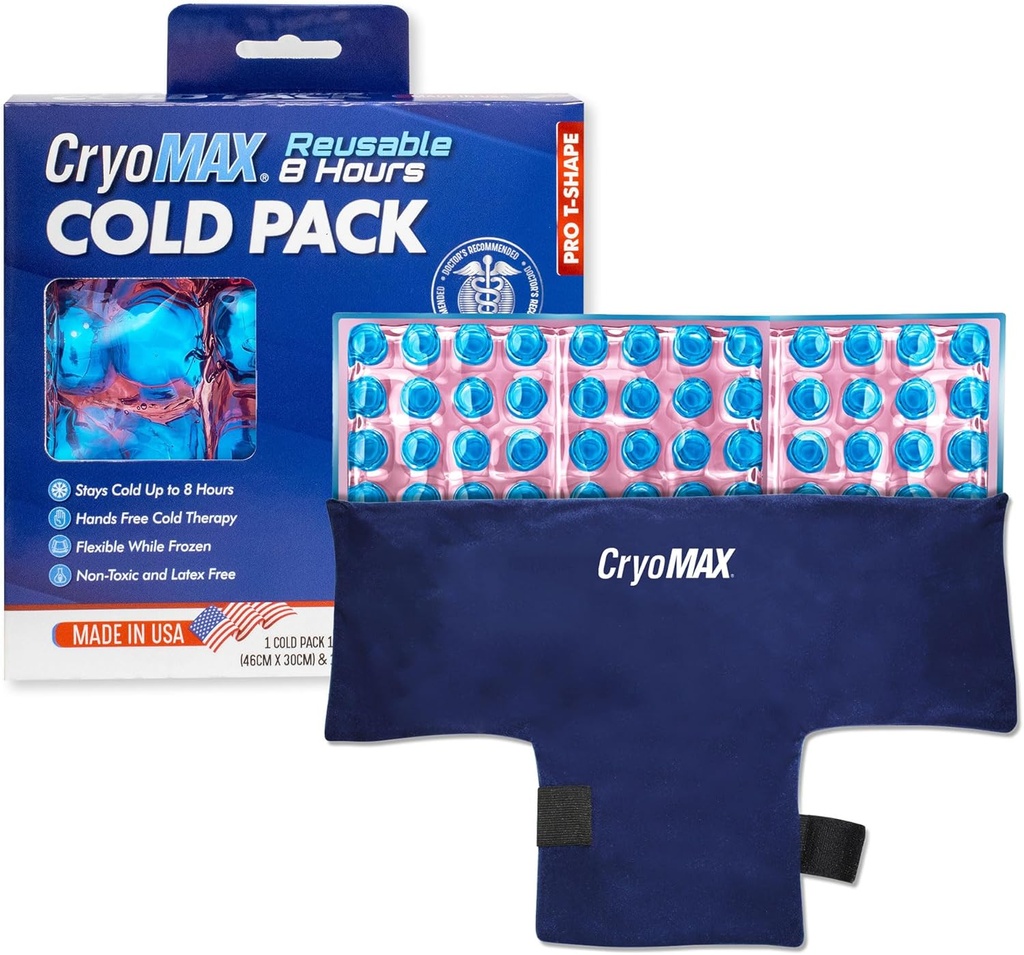 CryoMAX Cold Pack réutilisable - Ice Pack de thérapie à froid de longue durée de 8 heures, Straps de compression réglables, meilleur pour soulager la douleur, blessures, gonflement de la hanche et migraines - T-Shape (1 comte)
