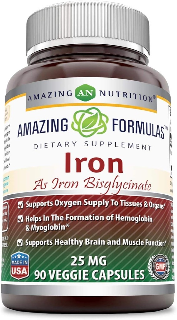 Formules étonnantes Le fer comme bisglycinate de fer 25 Mg Capsules de légumes (non-OGM, sans gluten) - supporte l'alimentation en oxygène des tissus et des organes-Aides dans la formation de l'hémoglobine et de la myoglobine.(90 Capsules de légumes)
