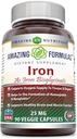 Formules étonnantes Le fer comme bisglycinate de fer 25 Mg Capsules de légumes (non-OGM, sans gluten) - supporte l'alimentation en oxygène des tissus et des organes-Aides dans la formation de l'hémoglobine et de la myoglobine.(90 Capsules de légumes)