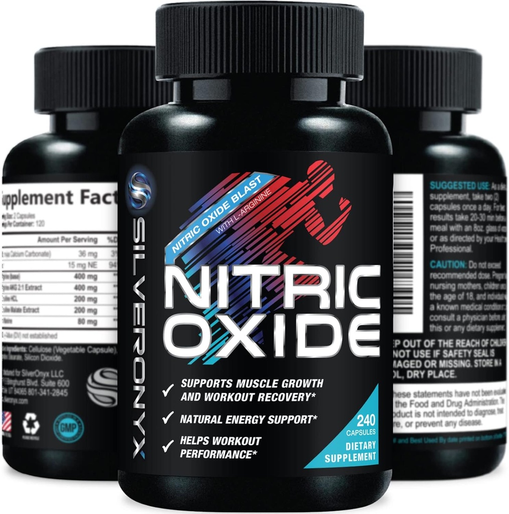 Extra Strength Supplément à l'oxyde nitrique 3X Strength L Arginine, Citrulline Malate, AAKG, Beta Alanine - Booster nitrique de soutien musculaire Premium - Énergie naturelle et soutien de la santé cardiaque - 240 capsules