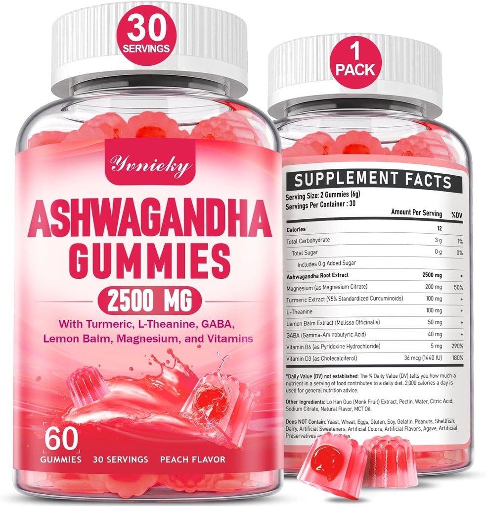 Ashwagandha Gummies 2500mg pour les femmes et les hommes: Supplément Ashwagandha Gummy Extra Strength avec curcuma, vitamine D3, L-Theanine, Magnésium - Gummies remplies, Fraise Flavor, Vegan, Non-OGM