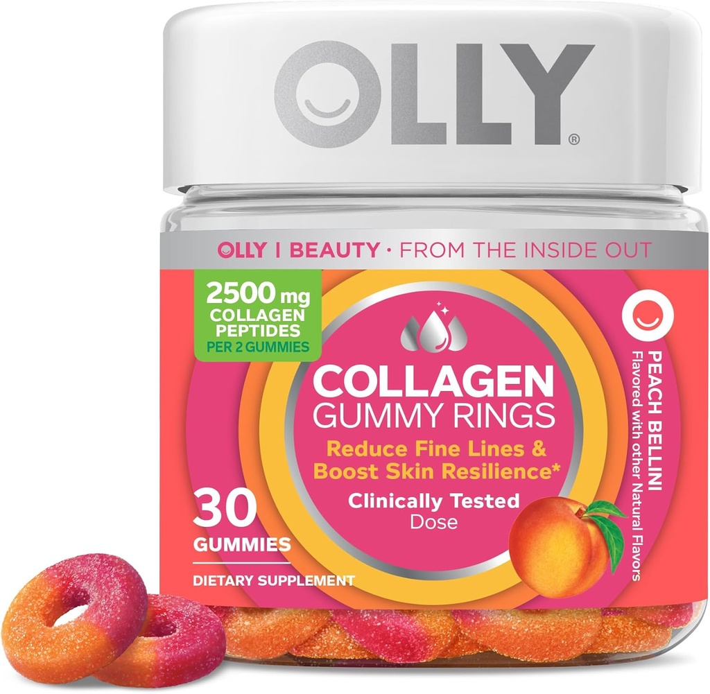 OLLY Collagen Gummy Anneaux, soutient l'élasticité et la fermeté de la peau, 2,5g Collagène, cliniquement testé, pêche, 15 jours d'approvisionnement - 30 comte