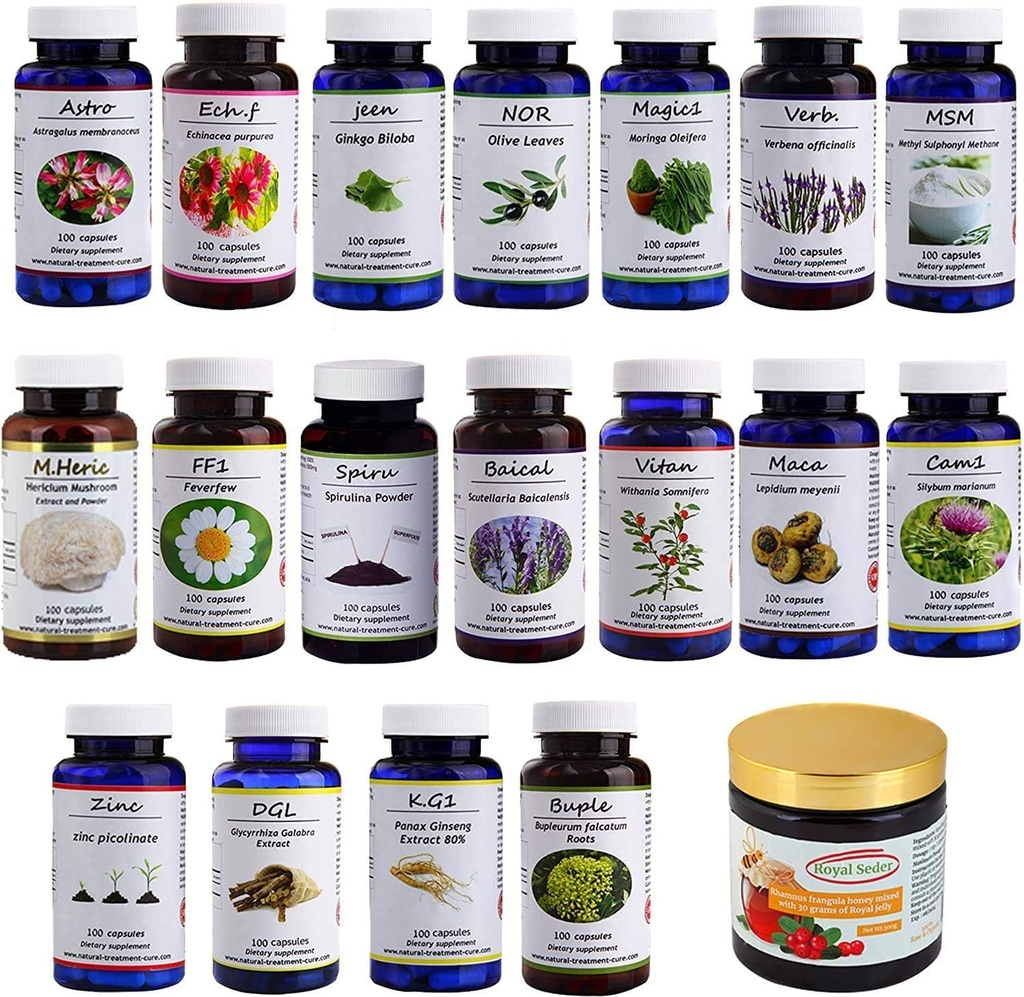Hekma Center Suppléments Package pour MS - 18 herbes médicinales et miel Sidr avec gelée royale - 100% naturel, bio pur - Vegan - Suppléments pour M.S