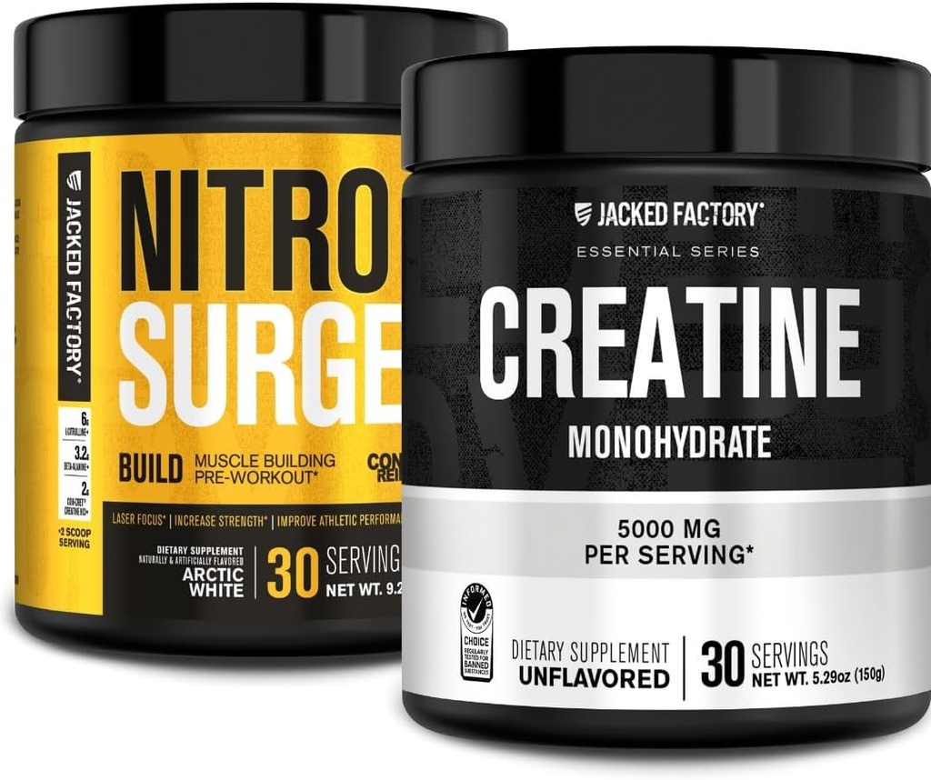 Jacked Factory Nitrosurge Build Pre Workout with Creatine for Muscle Building (30 Servings, Arctic White) & Creatine Monohydrate Powder for Muscle Growth & Increased Strength (30 Servings, Unflavored)