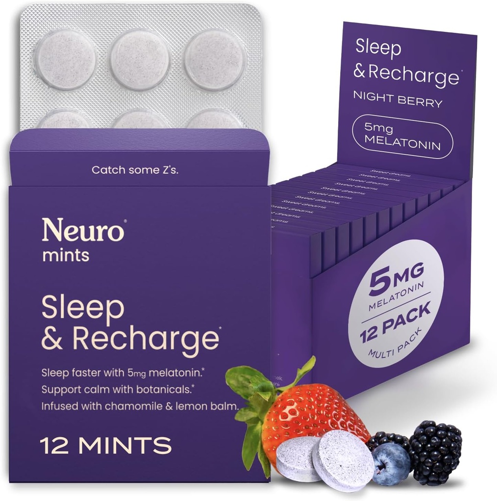Neuro Melatonin 5mg Sleep & Recharge Mints (144 Pieces) - Fast Dissolve Melatonin Sugar Free Mints with Lemon Balm & Chamomile for Better Sleep - Calm Sleep Supplement for Adults - Night Berry Flavor